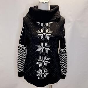 Talbots Sweater Womens MP Black Fair Isle Cowl Neck Lambswool Blend Petite